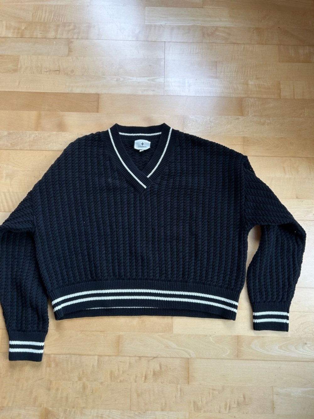 Tuckernuck Black V-Neck Sweater with Ecru Stripe Trim